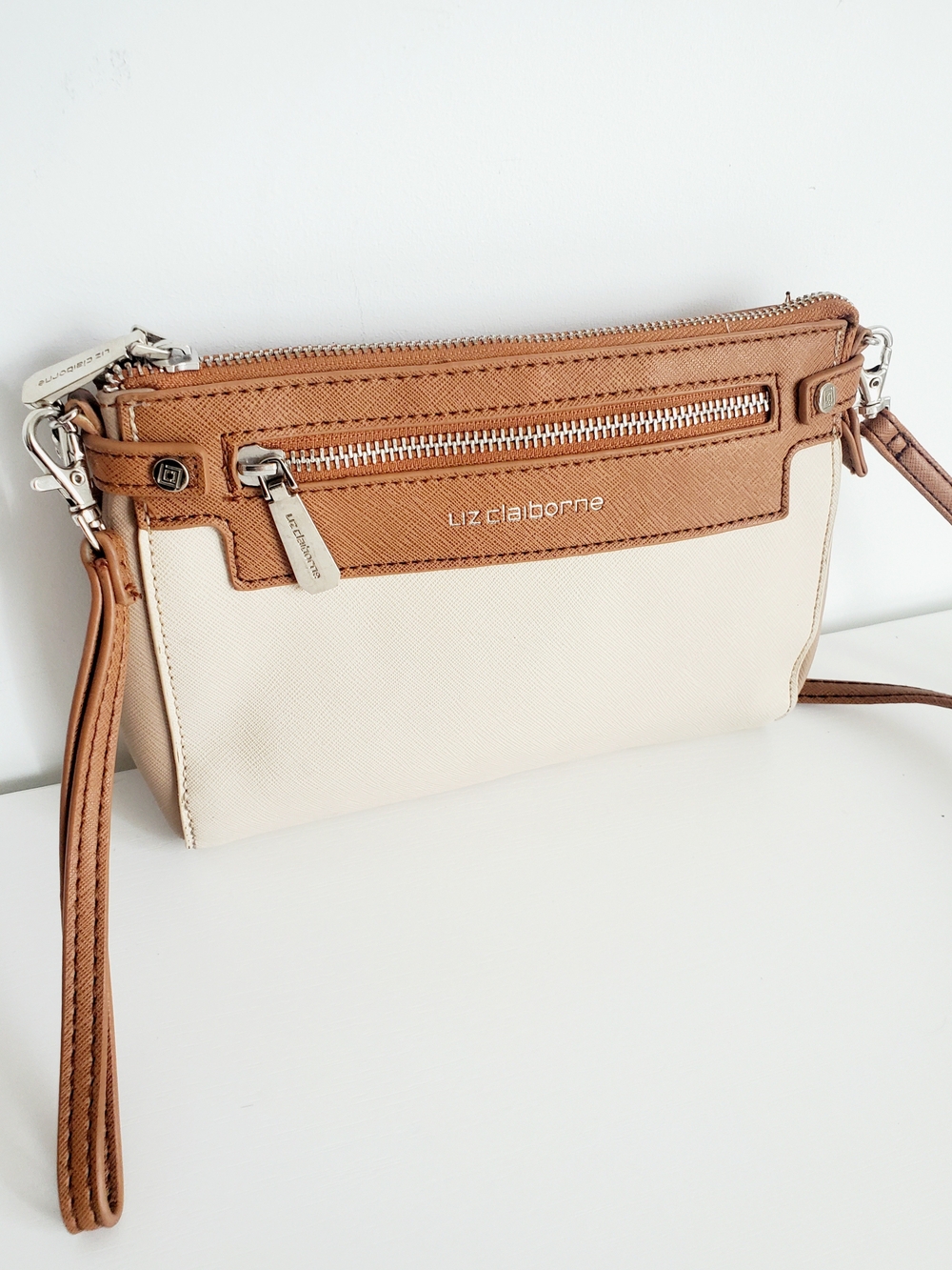 Liz Claiborne Cream and Tan Compact Wristlet Crossbody